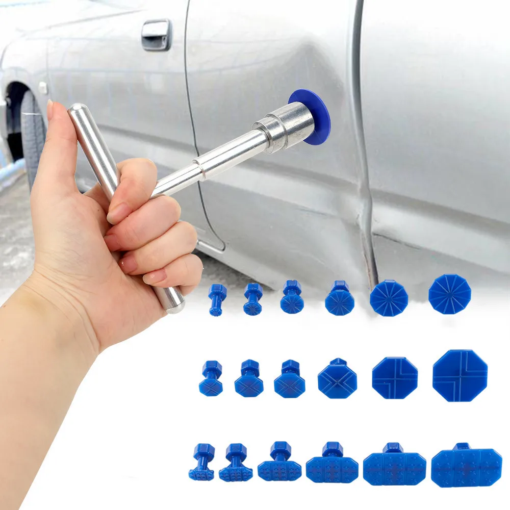 Car Repair Tools - ชุดเครื่องมือซ่อมรอยบุบรถยนต์ พร้อมอุปกรณ์ดึงรอยบุบ 18 ชิ้น รวมถึงแผ่นกาวพลาสติกและด้ามจับพลาสติก ใช้ได้กับรถยนต์ทุกรุ่น